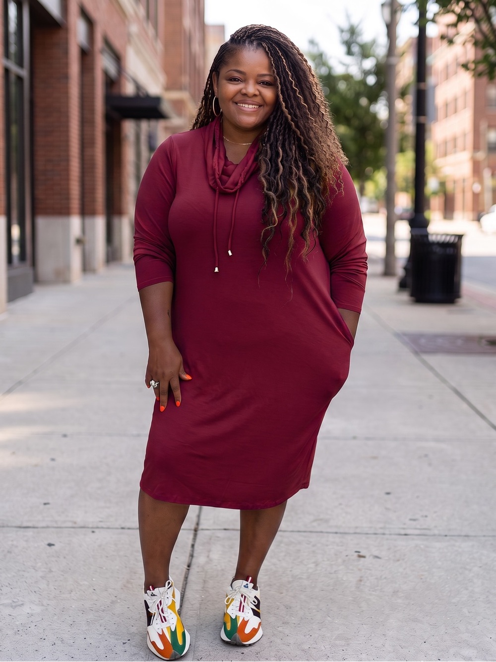 Cowl Neck Midi Dress with Side Pockets - Burgundy